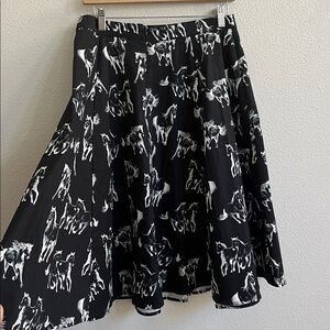 EVA ROSE Fit & Flare A-Line Paneled Midi Skirt Black White Horse Print L